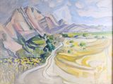 an image of a painting of a road going through the mountains