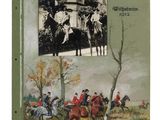 un vieux livre sur lequel figure une illustration représentant un groupe de personnes à cheval