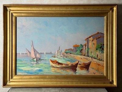 une image d'une peinture de bateaux sur l'eau