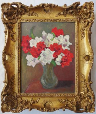 painting of red and white flowers in a vase on a table