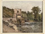 tableau représentant un moulin à eau au bord d'une rivière, avec des arbres en arrière-plan