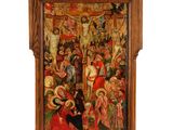 a painting of a group of people in a room with a cross