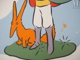 a painting of a man with a backpack and a dog