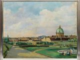 tableau représentant une vue de ville avec une église et une fontaine