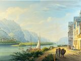 a painting on the wall of a building with a boat in the water