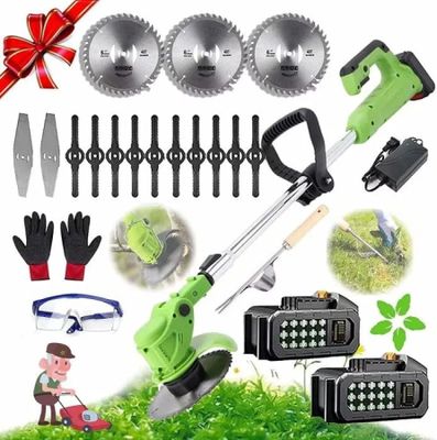 a group of tools including a hedger, chainsaw, and other items