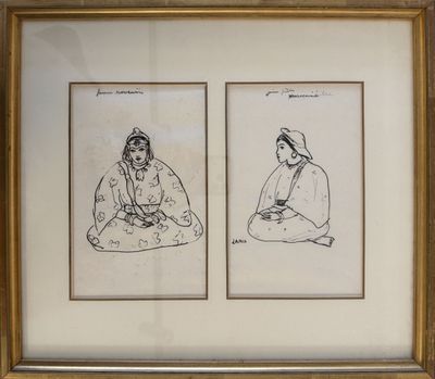 two framed drawings of women sitting on the ground in front of a wall
