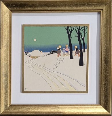 tableau représentant des personnes marchant dans la neige avec un chien tirant un traîneau