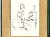 a drawing of a woman sitting at a desk with a laptop