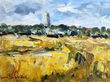 an oil painting of a field of yellow grass with trees in the background