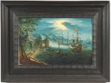 an image of a painting of a landscape with a ship in the foreground
