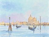 painting of gondola boats in the water with a church in the background