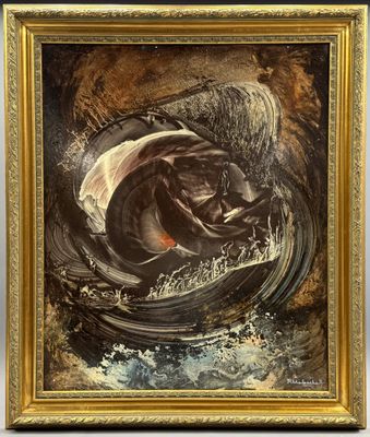 une peinture à l'huile représentant un cheval au milieu d'un plan d'eau