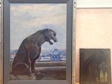 a painting of a dog sitting on a ledge next to a painting of a dog