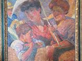 painting of a woman with a child and an umbrella in a gold frame