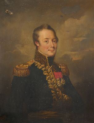 un tableau représentant un homme en uniforme militaire, avec une médaille sur la poitrine