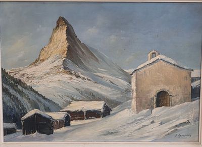 tableau représentant un paysage de montagne enneigé, avec une église et une montagne en arrière-plan