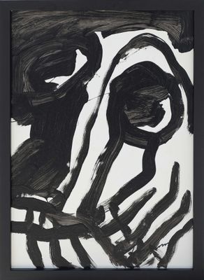 black and white drawing of a dog ' s face in a black frame