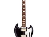 une guitare électrique noire posée sur une surface blanche