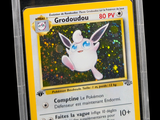 La carte Pokémon se trouve dans un étui en plastique sur un fond noir.