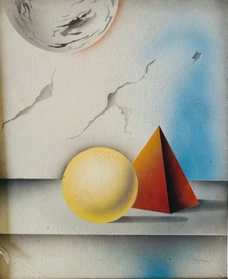 une photo d'un tableau représentant une sphère et une pyramide