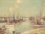 un tableau représentant un port où se trouvent de nombreux bateaux