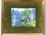 painting of a couple sitting on a bench by a lake