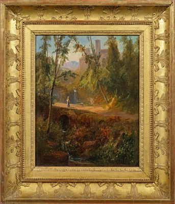 un tableau représentant un homme marchant sur un sentier dans une zone boisée