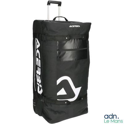 un sac à roulettes noir orné d'un logo blanc
