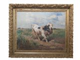 painting of a cow running in a field with a sky in the background