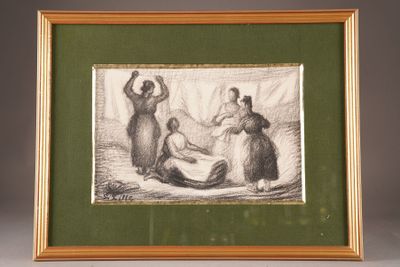 an image of a drawing of two women and a man on a bed