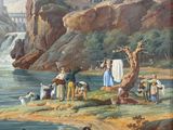 a painting of a group of people by a river