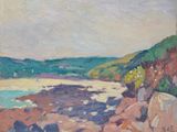 une image représentant un tableau où l'on voit des rochers et de l'eau près d'une plage