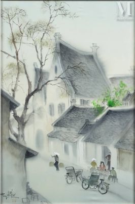 une peinture représentant une scène de rue avec une voiture à cheval