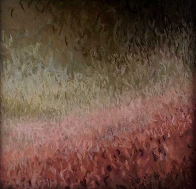 abstract painting of a field of red flowers with a brown background