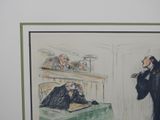 a drawing of a man sitting at a desk with a pipe in his mouth