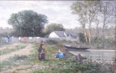 un tableau représentant une femme et un enfant au bord de l'eau
