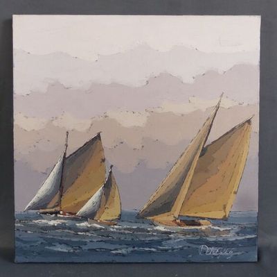tableau représentant trois voiliers en mer, avec des montagnes en arrière-plan