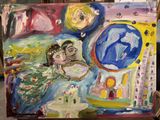 un tableau représentant une femme et un homme posés sur une table