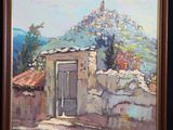 une peinture à l'huile représentant un bâtiment en pierre avec une porte et une montagne en arrière-plan
