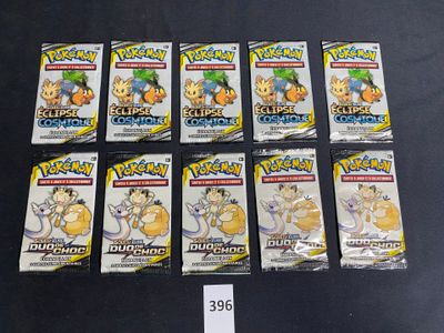 six packs of pokemon trading cards are on a table