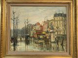 tableau représentant une scène de rue urbaine avec une calèche au premier plan
