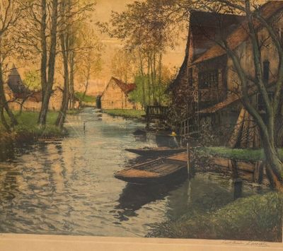 une photo d'un tableau représentant un village au bord de l'eau