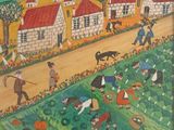 une image représentant un tableau montrant des personnes dans un champ avec des citrouilles