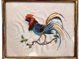 painting of a rooster on a branch in a gold frame