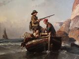 a painting of a man in a boat with two men on it