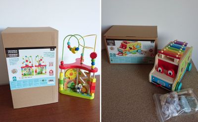 deux images : l'une représentant une boîte contenant des jouets et l'autre une boîte dans laquelle se trouve un jouet
