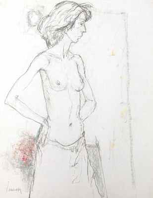 drawing of a woman standing in front of a mirror with a flower in her hand
