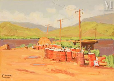 une peinture à l'huile représentant un chemin de terre avec plusieurs fûts posés sur le bord de la route