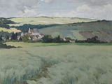 une peinture à l'huile représentant un champ avec une église au loin